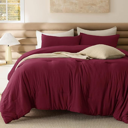 Bedsure Full Size Comforter Set, Dark Red Soft Prewashed Bedding for All Seasons, 3 Pieces GentleSoft™ Warm Down Alternative Bed Set, 1 Lightweight Comforter (82"x86") and 2 Pillowcases (20"x26")