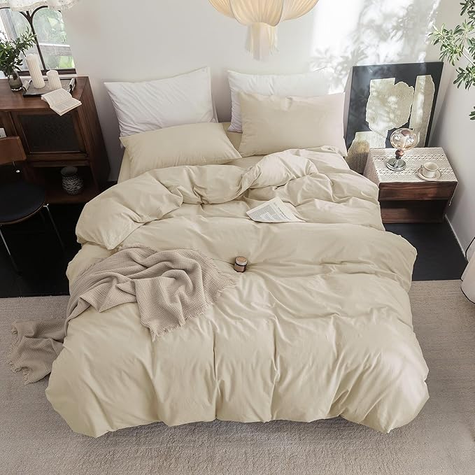 FOSSA Duvet Cover Set 100% Washed Cotton Linen Feel Super Soft Breathable Cozy 3 Pieces Bedding Sets Solid Almond Grey Super Queen