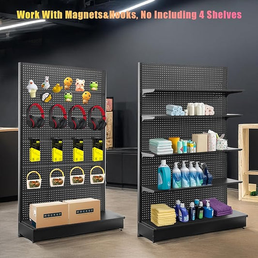 Eastern Tree Pegboard Display Stand, 4x6.5 Feet Gondola Retail Shelving Wall Display for Convenient Grocery Office Supply or Retail Stores, Standing Peg Board Display Rack with 30 Hooks, No 4 Shelves