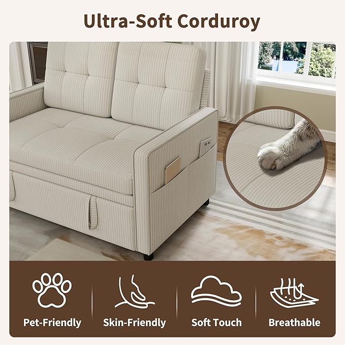 3 in 1 Convertible Sleeper Sofa Bed, Pull Out Couch with Charging Station, Corduroy Small Loveseat Sleeper Sofa with Adjustable Backrest for Apartment, Bedroom, Small Space（White）