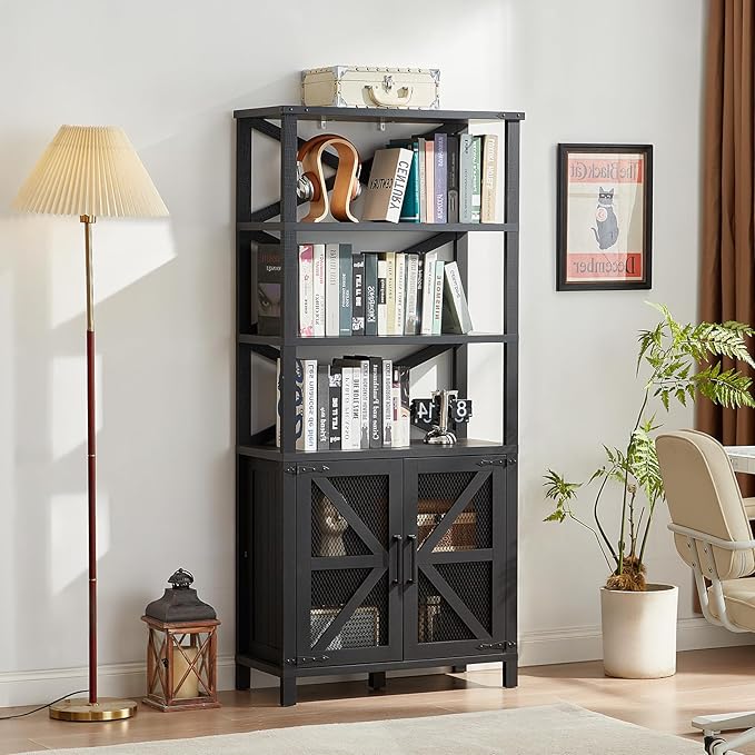 5 Tier Bookshelf 70" Tall Bookcase with Barn Doors,Large Farmhouse Display Book Shelf with Adjustable Shelves and Storage Cabinet，Library Wood Bookshelves for Living Room,Kitchen,Antique Black
