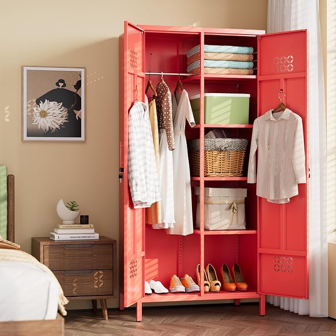 Aobabo Metal Wardrobe Cabinets with Lock, 2 Door Metal Closet with 4 Adjustable Shelves and 2 Hannging Rod, Lockable Locker Cabinet, Storage Locker for Home, Office,Red, Assembly Required