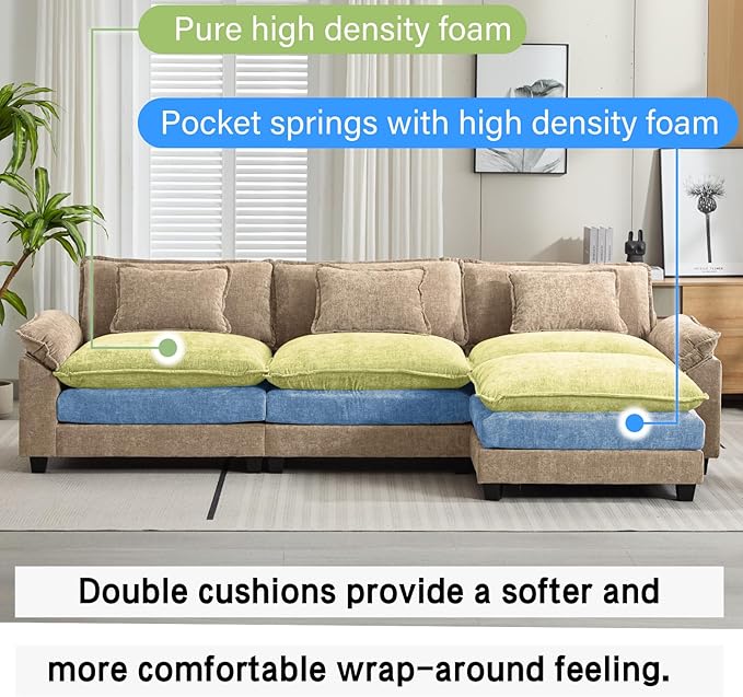 120" Modular Sectional Sofa, Comfy Cloud Couch Sectional Sofa with Ottoman, Chenille Sofa Sleeper Deep Seat Sofa with Throw Pillows for Living Room (Khaki, 120"- L Shape)