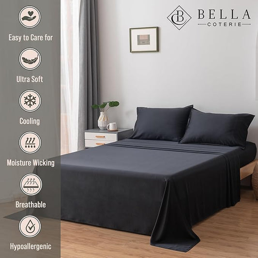 Bella Coterie Luxury Bamboo Viscose Full Size Sheet Set | 100% Organically Grown | Ultra Soft | Cooling for Hot Sleepers | 18" Deep Pocket [Black]