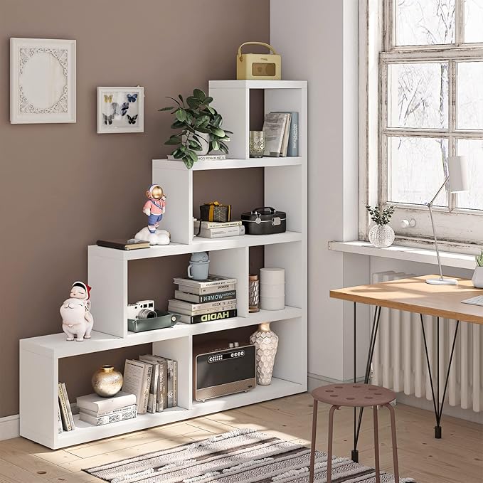Tangkula 6 Cubes Bookshelf, Freestanding 6-Cube Stepped Etagere Bookcase, L Shaped Ladder Corner Open Bookshelf, Wood Storage Display Shelf for Living Room Home Office, 61 x 11.5 x 64 Inch (White)