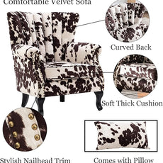 Cow Print Accent Chairs Set of 2 with Arm Comfy Velvet Living Room Chair Mid-Century Modern Wingback Side Chair Single Sofa Couch for Bedroom Guest Room