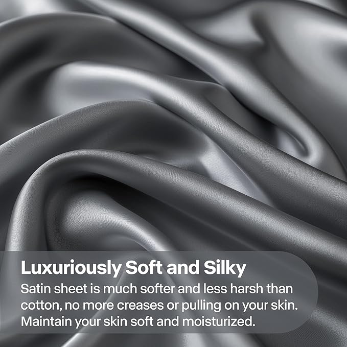 BEDELITE Satin Sheets Twin Size Bed Set, Luxury Soft Dark Grey Silky Sheets for Hair and Skin, Similar to Silk Bed Sheets Set 3 Pieces with 1 Deep Pocket Fitted Sheet, 1 Flat Sheet, and 1 Pillowcase