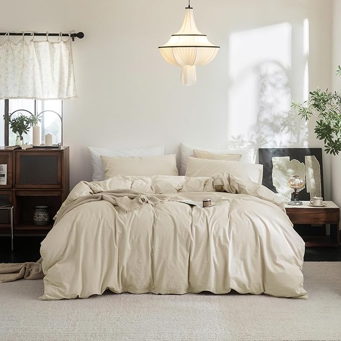 FOSSA Duvet Cover Set 100% Washed Cotton Linen Feel Super Soft Breathable Cozy 3 Pieces Bedding Sets Solid Almond Grey King