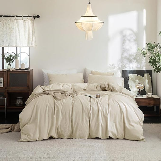 FOSSA Duvet Cover Set 100% Washed Cotton Linen Feel Super Soft Breathable Cozy 3 Pieces Bedding Sets Solid Almond Grey King