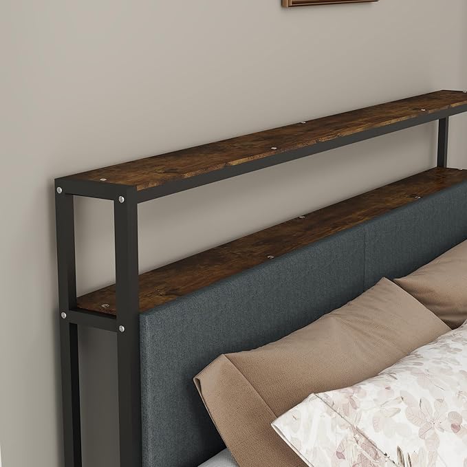 Panana 14 Inch Queen Size Bed Frame,Industrial Metal Platform Bed Frame with 2 Tier Storage Wooden Headboard and Footboard,4 Storage Drawers,No Box Spring Needed,Black&Grey