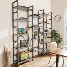 SUPERJARE Triple 5 Tier Bookshelf, Bookcase with 14 Open Display Shelves, Wide Book Shelf Book Case for Home & Office, Grey