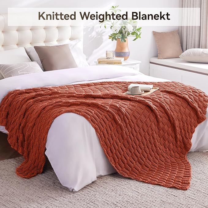 Knitted Weighted Blanket for Adult, No Beads Heavy Blanket 50” x 60'' 7lbs, Breathable Chunky Knit Blanket, Cooling Weighted Blanket for Hot Sleepers, Christmas Home Decor (Orange)