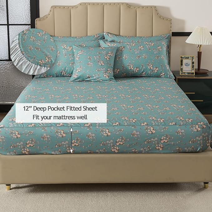 FADFAY 100% Percale Cotton Sheets Set - Twin XL Size for College Dorm - Vintage Floral & Butterfly Print Bedding - Crisp, Breathable Teal Aqua 4 Piece Sheet Set with Deep Pocket Fitted Sheet