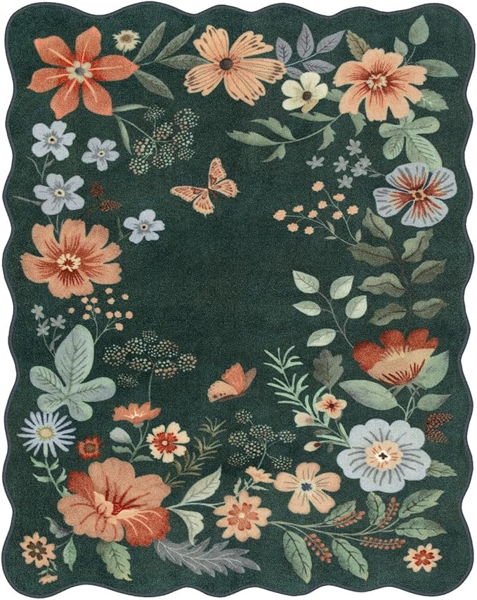 Lahome Floral Washable 6x9 Area Rugs, Soft Bedroom Rug for Living Room Ultra-Thin Non Slip Dining Room Rug, Stain Resistant Boho Rugs Easy Clean Throw Carpet for Office(6'x9',Dark Green)