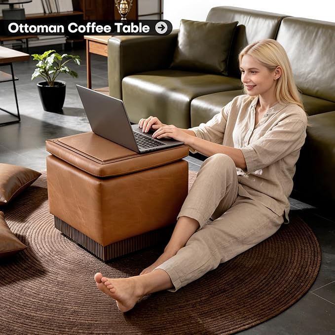 Square Ottoman with Storage,Swivel Vanity Stool-Faux Leather Foot Rest,Upholstered Footstool Pouf with Sturdy Acacia Wood Frame(500lbs),Small Coffee Table & Hidden Storage for Living Room