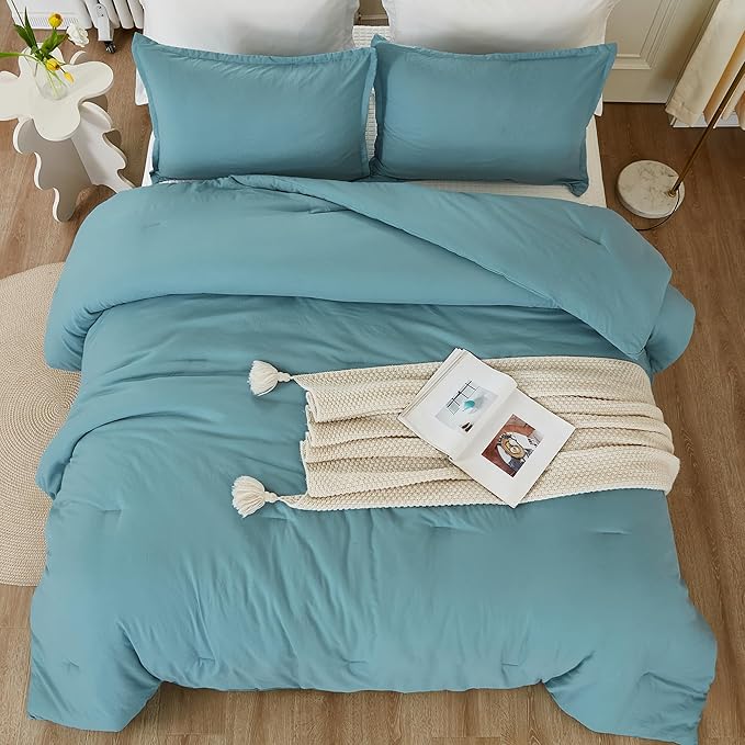 Litanika Comforter Set, Lightweight Solid Bedding Comforter Set, Fluffy Down Alternative Bed Set, Grayish Teal, Full