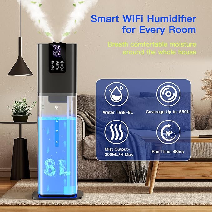 Smart Humidifiers Large Room Bedroom Home, 2.11Gal(8L) Quiet Top Fill Cool Mist Humidifier, Smart App & Remote Control, 3 Speed Humidifier with 360° Nozzle, Humidity Setting for Baby Office(Gray)
