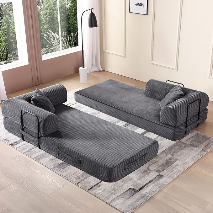Antetek Convertible Futon Sofa Bed, 3-Seater Modern Corduroy Foam Floor King Size Bed Fold Out Sleeper Lounge Loveseat Sofa Couch with 2 Throw Pillows for Living Room Bedroom Guest Room, Light Grey