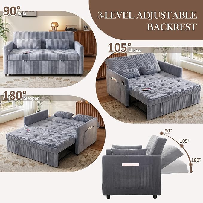 Sofa Bed, Loveseat 3-in-1 Sleeper Sofa with Pull Out Bed and USB, Modern Corduroy 2 Seater Convertible Small Couch for Living Room Bedroom Apartment, Gray