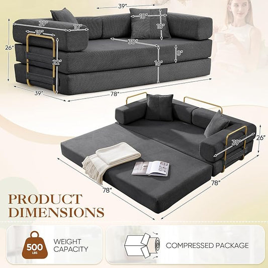 Antetek Convertible Futon Sofa Bed, 3-Seater Modern Corduroy Foam Floor King Size Bed Fold Out Sleeper Lounge Loveseat Sofa Couch with 2 Throw Pillows for Living Room Bedroom Guest Room, Dark Grey