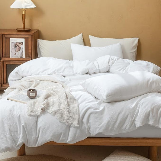 FOSSA Duvet Cover Set 100% Washed Cotton Linen Feel Super Soft Breathable Cozy 3 Pieces Bedding Sets Solid Bright White Queen
