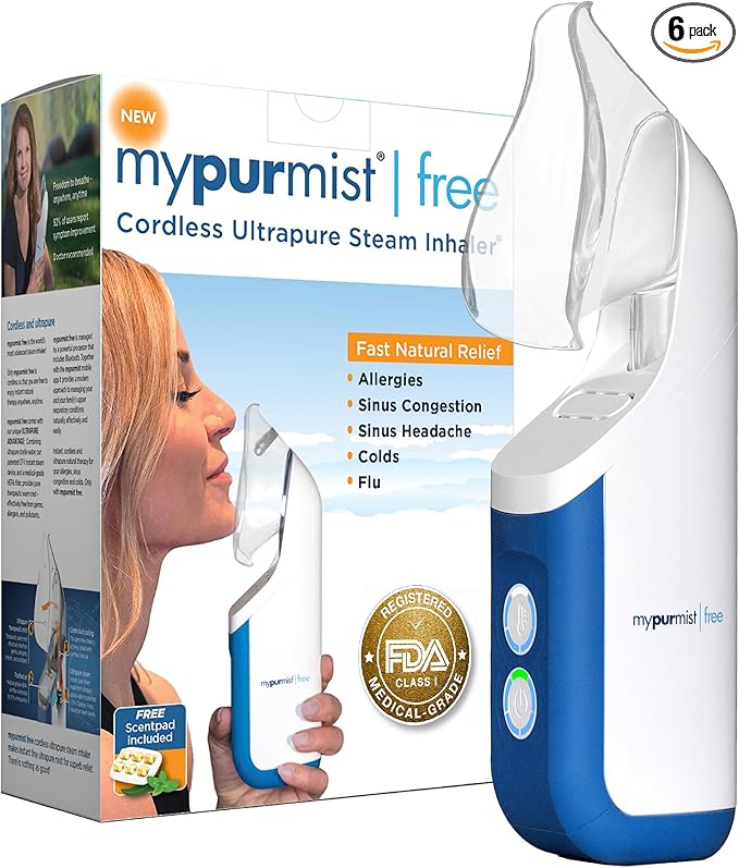 Mypurmist Free Ultrapure Cordless Steam Inhaler - Handheld Personal & Battery-Powered Steamer, Vaporizer & Humidifier for Sinus Relief, Nasal Congestion, Cold & Cough, Vocal Care