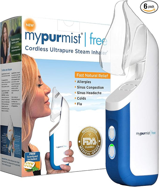 Mypurmist Free Ultrapure Cordless Steam Inhaler - Handheld Personal & Battery-Powered Steamer, Vaporizer & Humidifier for Sinus Relief, Nasal Congestion, Cold & Cough, Vocal Care