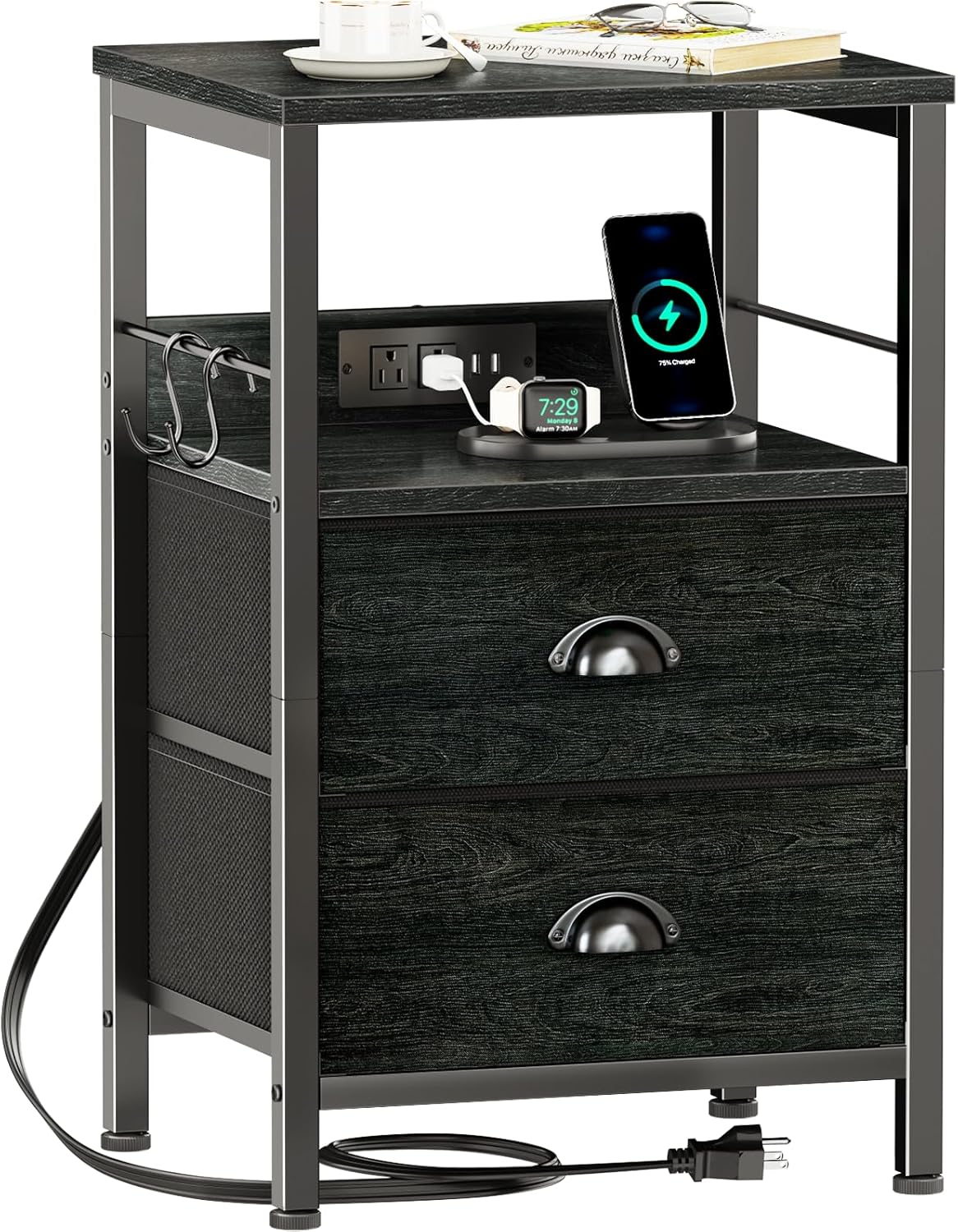Furologee End Table with Charging Station, Nightstand with Fabric Drawers, Side Tables with USB Ports & Outlets, Night Stand with Storage Shelf & Hooks, for Living Room/Bedroom, White Dormly