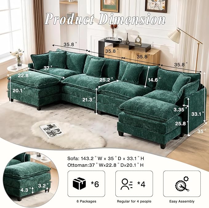 SoarFlash 149.61" Chenille Sectional Sofa, Comfy U Shaped Modular Coush Sofa with Ottoman, Modern 4 Seat Couch Deep Seat Sofa Set for Living Room,Green