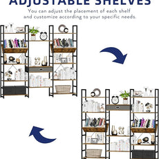 NUMENN Triple Wide 5 Tier Bookshelf, Adjustable Rustic Industrial Style Book Shelves, Modern Bookcases and Bookshelves Furniture for Bedroom, Living Room and Home Office, Vintage Brown