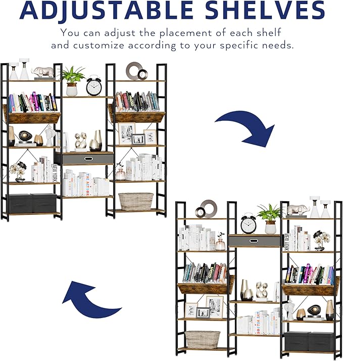 NUMENN Triple Wide 5 Tier Bookshelf, Adjustable Rustic Industrial Style Book Shelves, Modern Bookcases and Bookshelves Furniture for Bedroom, Living Room and Home Office, Vintage Brown