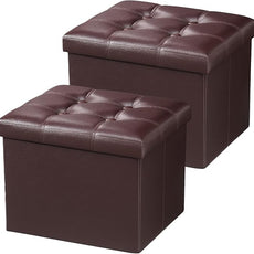 AmasSmile Storage Ottoman Folding Foot Rest Stool, Leather Footstool Bench, Short Ottoman Stool, Storage Foot Rest Store, Books (Brown-2pc, 17