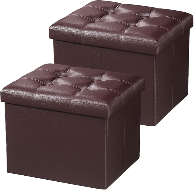 AmasSmile Storage Ottoman Folding Foot Rest Stool, Leather Footstool Bench, Short Ottoman Stool, Storage Foot Rest Store, Books (Brown-2pc, 17" D x 13" W x 13" H)