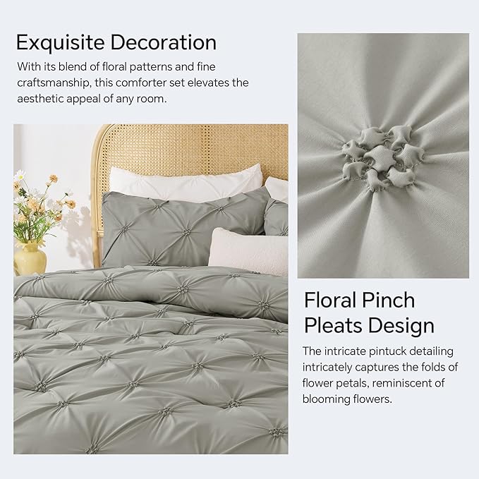 BEDELITE Grey Queen Comforter Set - 3 Pieces Boho Pintuck Bedding Comforter Sets, Lightweight Soft & Warm Bed Comforter Queen with 2 Pillowcases for All Season