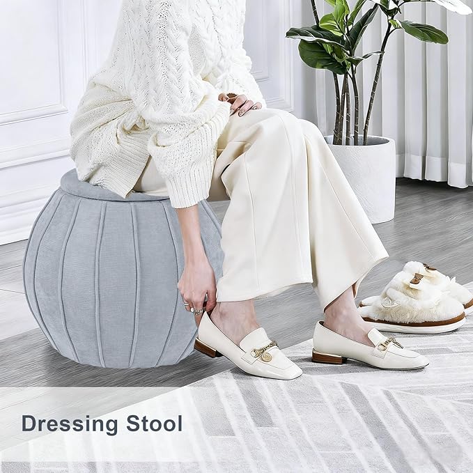 Crestview Collection 18" Foot Stool Ottoman, Round Storage Ottoman Removable Seat, Fabric Round Foot Rest, Vanity Stool, Extra Seating for Living Room, Bedroom, Entryway(Blue Grey)