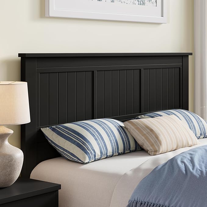Serene Solid Wood Window-Pane Panel Headboard – Easy Assembly, Casual Coastal Style – Queen Size in Black
