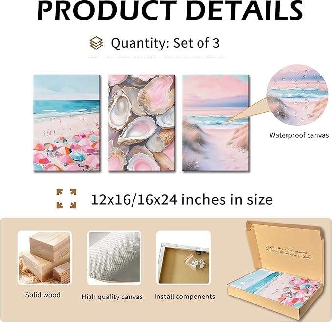 Preppy Coastal Canvas Wall Art Set of 3, Trendy Pink Beach Wall Decor Paintings, Summer Beachy Shells Oyster Aesthetic Posters Prints Pictures for Girls Room Dorm Bathroom Bedroom 16x24 Inch Framed