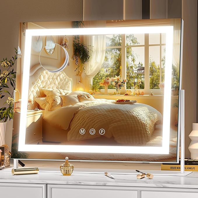 Hasipu Vanity Mirror with Lights, 13.8" x 10.6" LED Makeup Mirror, Light up Mirror with 10X Magnification, Smart Touch 3 Colors Dimmable, 360° Rotation (White)