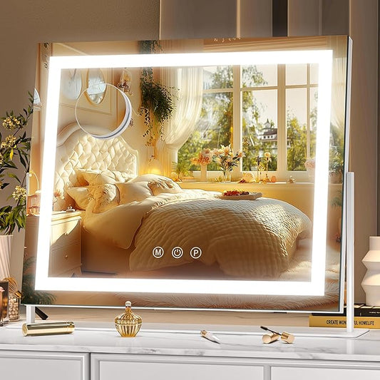 Hasipu Vanity Mirror with Lights, 13.8" x 10.6" LED Makeup Mirror, Light up Mirror with 10X Magnification, Smart Touch 3 Colors Dimmable, 360° Rotation (White)