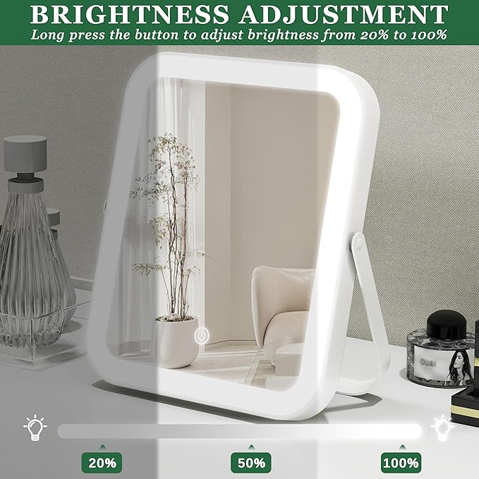 ROLOVE 8x10 Inch Lighted Vanity Mirror, 3-Color Dimmable LED Lighting & Touch Control, Portable Makeup Mirror with U-Bracket for Travel/Dressing Room (White)