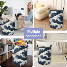 Japanese Style Waves Laundry Hamper Large Canvas Fabric Lightweight Storage Basket/Dirty Clothes Collapsible Waterproof for College Dorms, Boys and Girls Bedroom,Bathroom