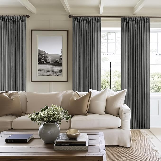 Charcoal Grey Pinch Pleated Linen Curtains 108 Inches Long for Living Room 2 Panels Set Flax Double Pleated Drapes Back Tab Farmhouse Neutral Ceiling Floor 108 Inch Window Curtains Bedroom Dark Grey