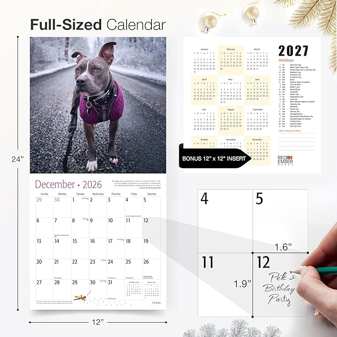 RED EMBER Pit Bulls 2026 Wall Calendar 12 Month | 12" x 24" Open | Thick & Sturdy Paper | Holiday Gift | Cute Puppy Dog Calendar 2026