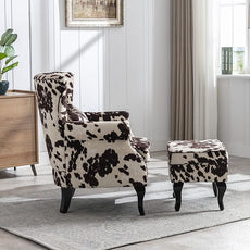 Set of 2 Mid-Century Modern Accent Chair with Ottomans, Velvet Armchair w/Tufted Back/Wood Legs, Upholstered Lounge Arm Chair Single Sofa for Living Room Bedroom, Cow Print