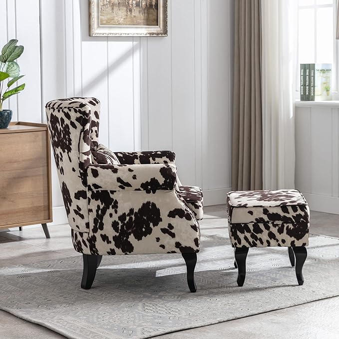 Set of 2 Mid-Century Modern Accent Chair with Ottomans, Velvet Armchair w/Tufted Back/Wood Legs, Upholstered Lounge Arm Chair Single Sofa for Living Room Bedroom, Cow Print