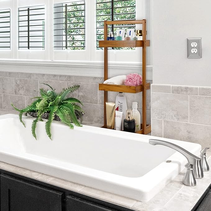 Utoplike Teak Shower Caddy Shelf, Standing Shower Organizer for Bathroom Corner, Wooden Freestanding Racks Storage for Inside Shower, Bath, Office, Stand Up 3 Tier Kitchen Desktop Organization