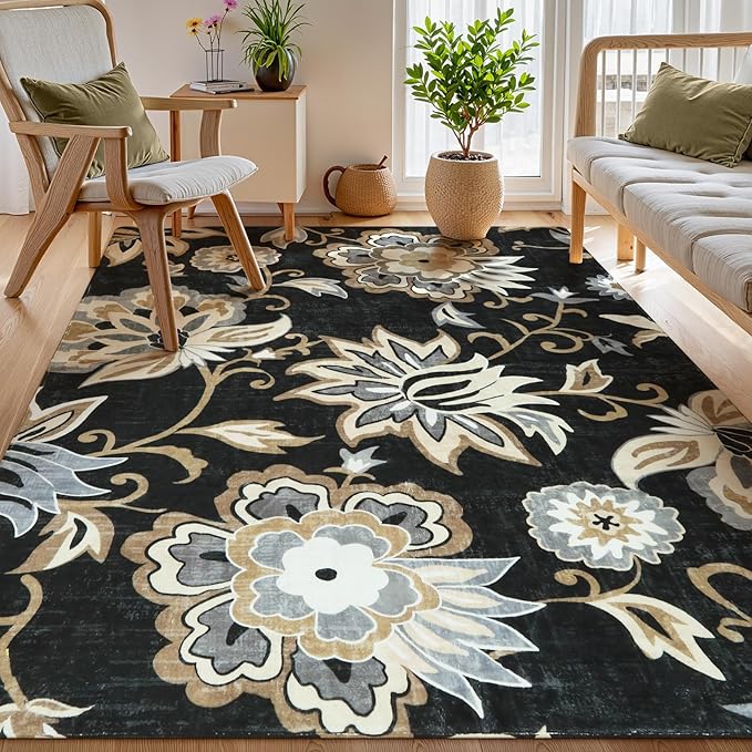 Lahome Floral Black Washable Area Rug 4x6, Non-Slip Ultra-Thin Soft Accent Stain Resistant Indoor Area Rug, Paisley Print Carpet for Bedroom, Living Room, Entryway, Kitchen, Laundry