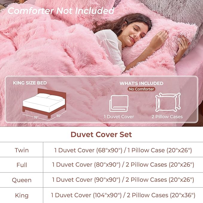 Sasttie 3-Piece Fluffy Duvet Cover Full, Ultra Soft Faux Fur and Velvet Pink Comforter Cover, Luxury Fuzzy Bedding Sets for Winter Bed, Includes 1 Duvet Cover and 2 Pillowcases, No Comforter