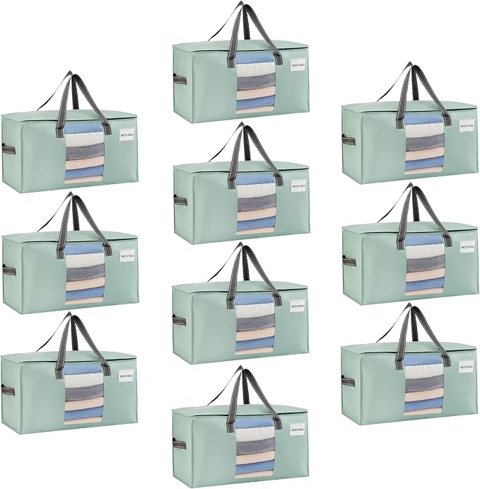 VENO 10 Pack Moving Bags, Christmas Storage Bins, Moving Boxes Alternative, Comforter and Blanket Storage Bags, College Dorm Packing Supplies, Foldable Heavy-Duty Tote (Light Green Matte, 10 Pack)
