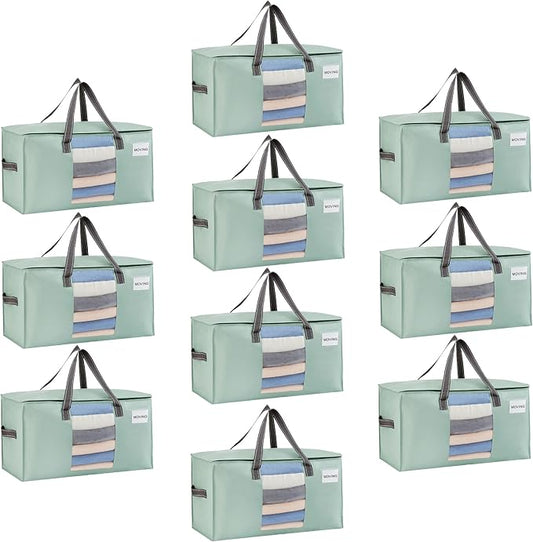 VENO 10 Pack Moving Bags, Christmas Storage Bins, Moving Boxes Alternative, Comforter and Blanket Storage Bags, College Dorm Packing Supplies, Foldable Heavy-Duty Tote (Light Green Matte, 10 Pack)